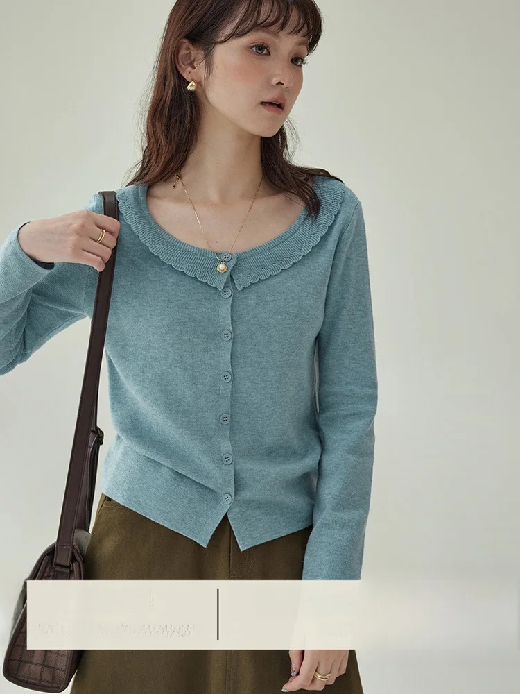 

AMUU оригинальный синий круглый вязаный свитер Ne женский ort Fit Long Sve открытый кардиган топ повседневный свободный крой