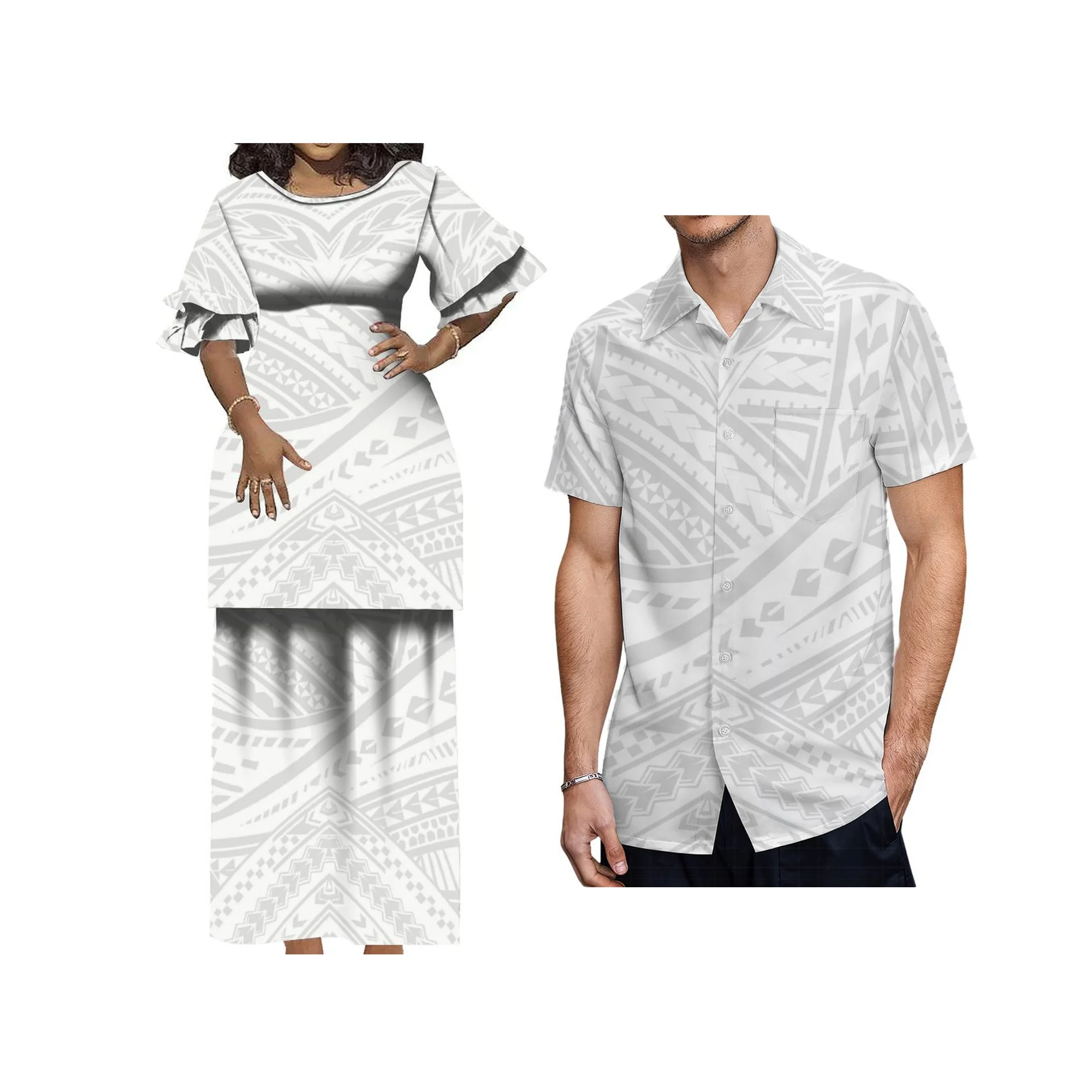 White Sunday Polynesian  Design Ruffle Half Sleeve Samoan Puletasi Sets Dress Women Two Piece Set Plus Size Womens Clothing 5XL