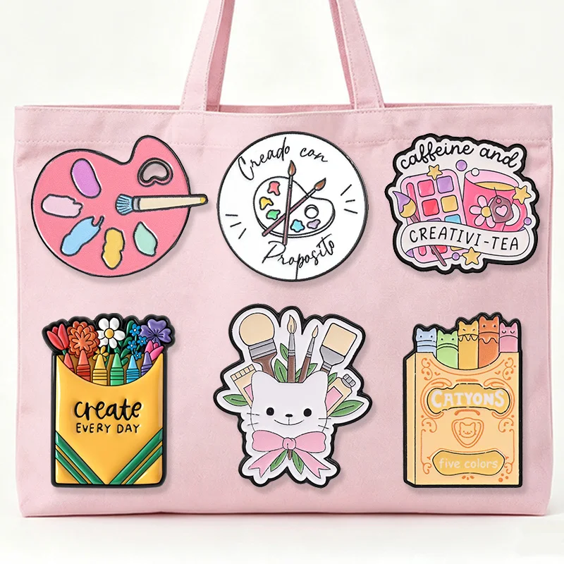 6Pcs Artist Themed Enamel Badges Paint Palette Brush Crayon Cat Brooches Lapel Pins For Art Student Backpack Coat Decor