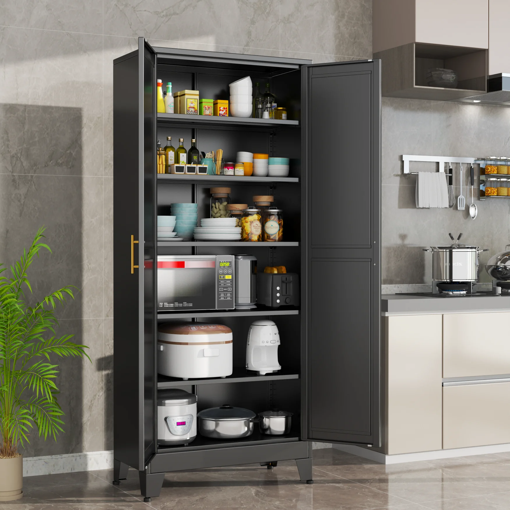 75.2-inch high metal cabinet, kitchen cabinet with 2 doors and 5 adjustable shelves. Can be used for dining rooms, living rooms,