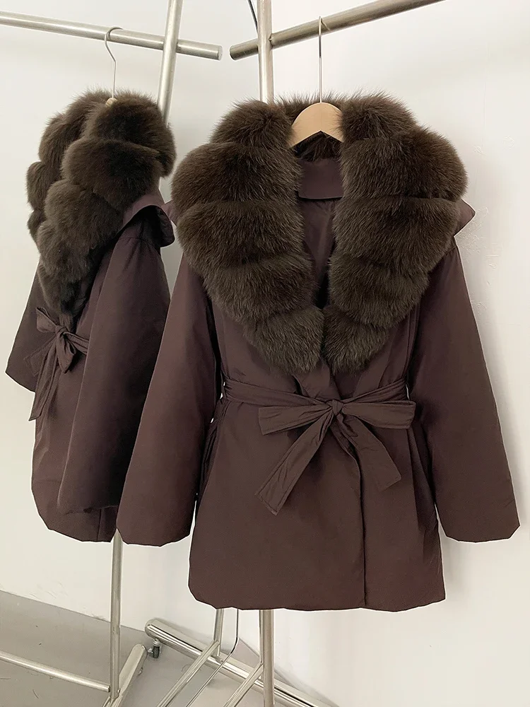 New Winter Women Thickened Warm Real Fur White Duck Down Coat Parke Outerwear Natural Fox Fur Collar Fluffy Puffer Jacket