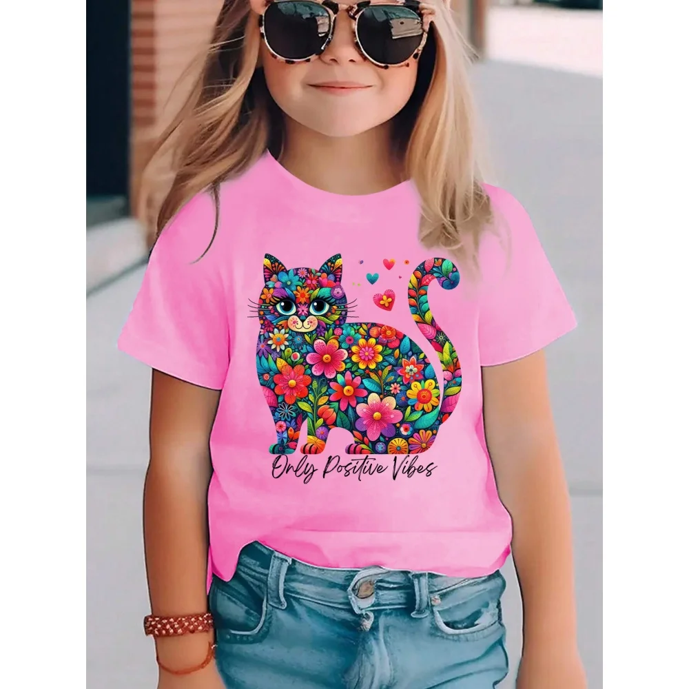 Kinderkleidung Mädchen 3D Graffiti Schwarze Katze Kurzarm Sommer Top Niedlich Lässig O-Ausschnitt Mehrfarbig Spritzer Kinderkleidung Mädchen – Detail 9