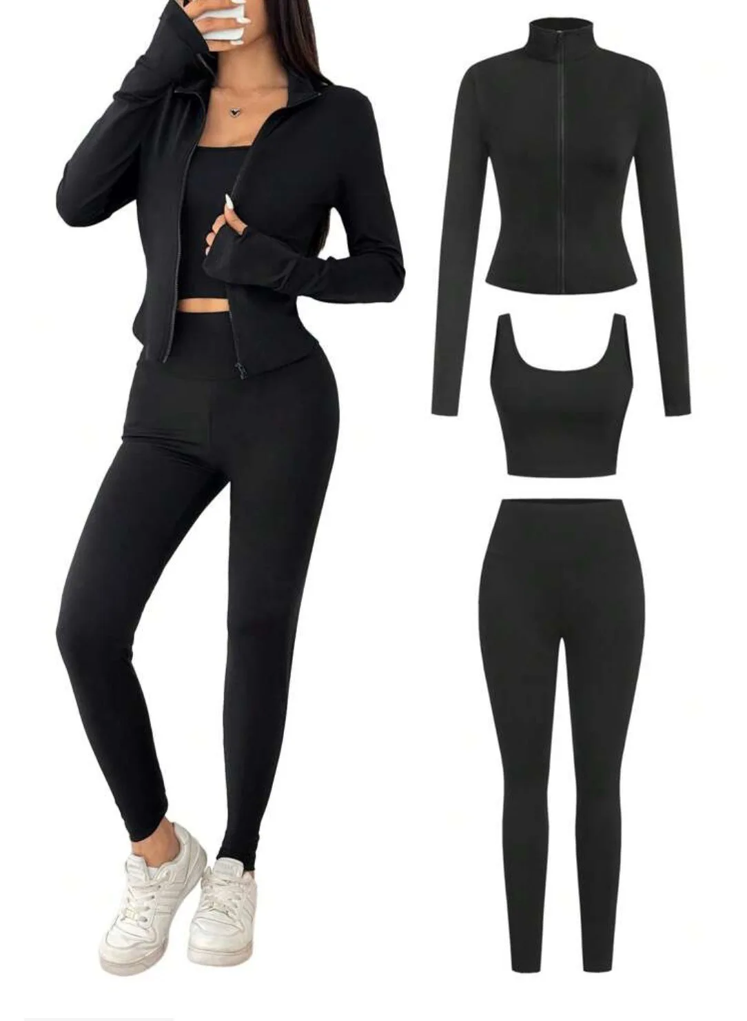 

Женский осенне-зимний повседневный простой стильный спортивный костюм для бега и фитнеса, модная однотонная облегающая одежда из трех предметов для йоги