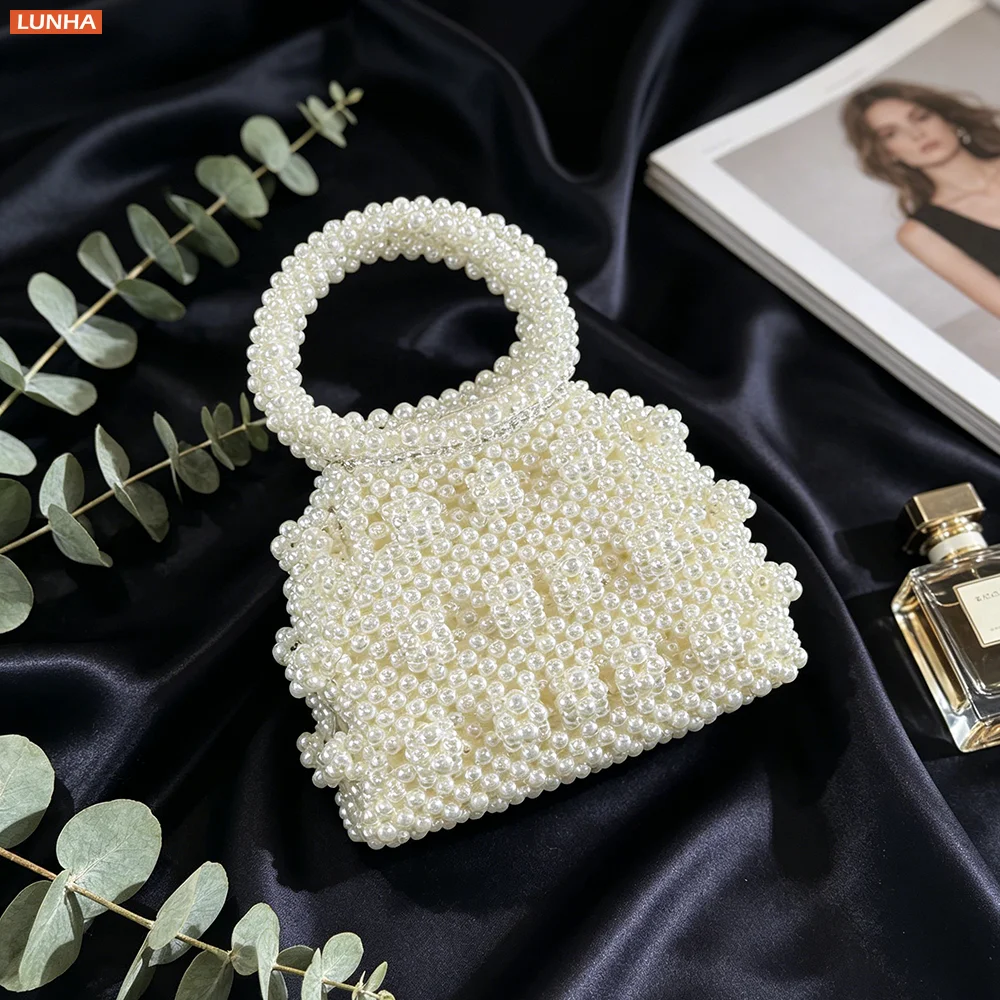 Luxury Pearl Beaded Evening Bag Mini Banquet Clutch Handbag Round Handle Party Purse for Women Weddings & Formal Events