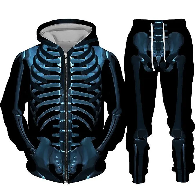 Men's and Women's Clothing Halloween Costume Skull Hip Hop Hooded Cardigan Top Pants Casual Sweatshirt 3D Printed Two-piece Set