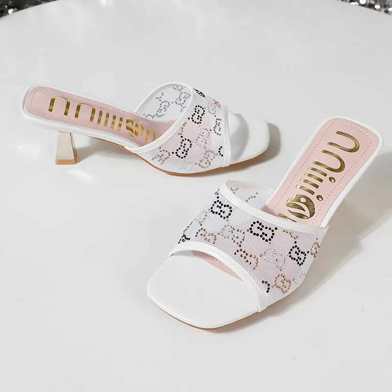 2024 Summer Women's Slippers Fashion Square Toe Rhinestone Mesh Stiletto Breathable High Heel Slippers Banquet Wedding Shoes