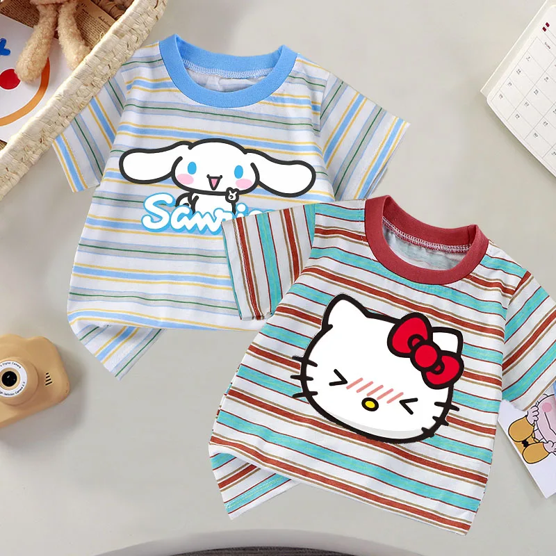 

Hello Kitty Striped T-shirt Sanrio Children's Clothing Boy Girl Kawaii Cartoon Anime Short Sleeve Cute Home Clothes Top Tee Gift