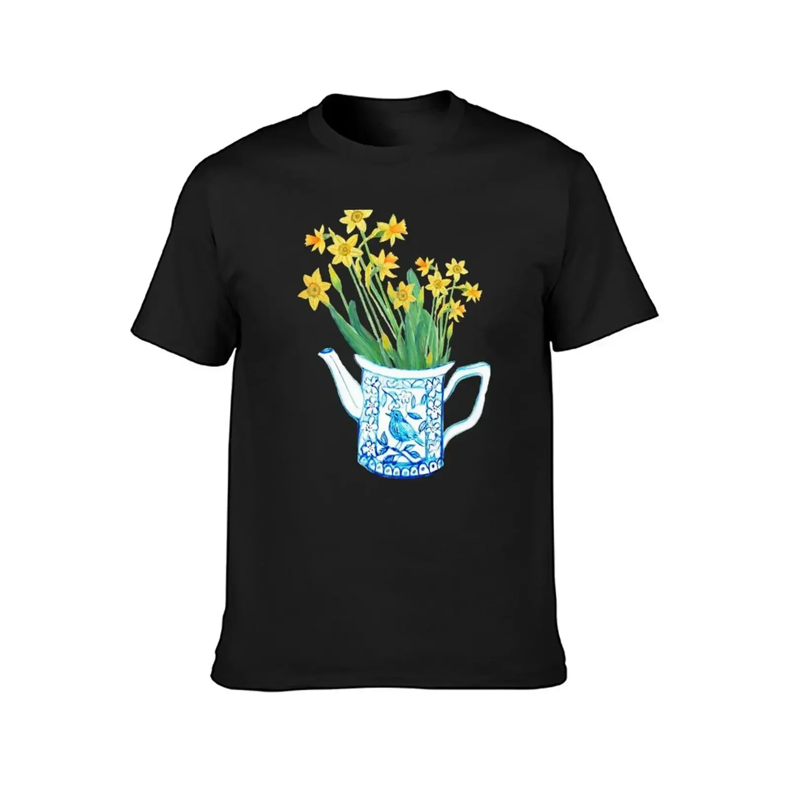 Daffodil watercolor in blue and white teapot T-Shirt quick-drying designer shirts mens clothes