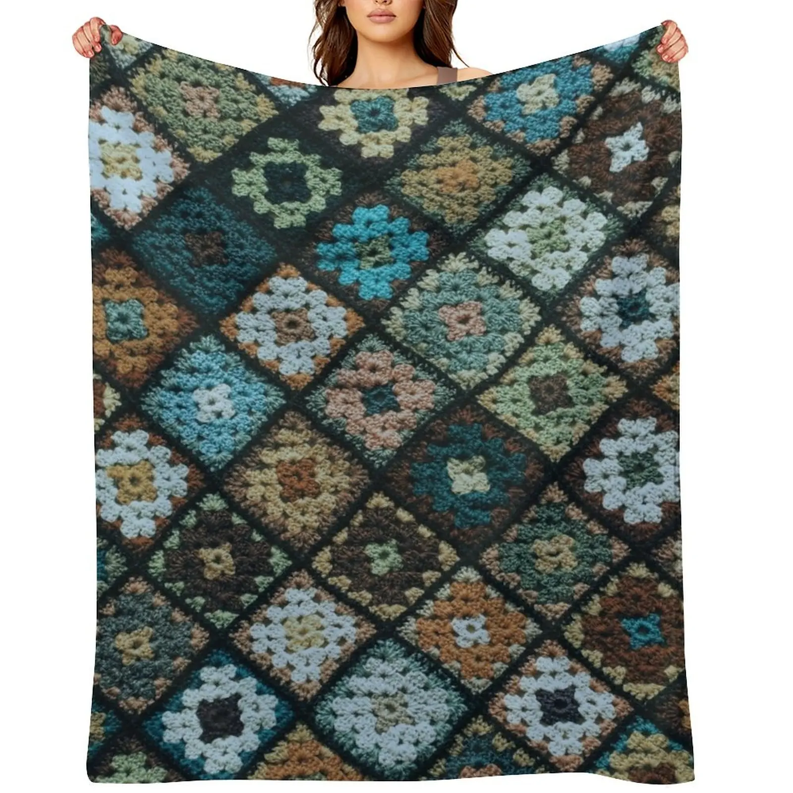 

Crochet granny square pattern blue Throw Blanket blankets ands Shaggy Bed linens Sofa Throw Blankets