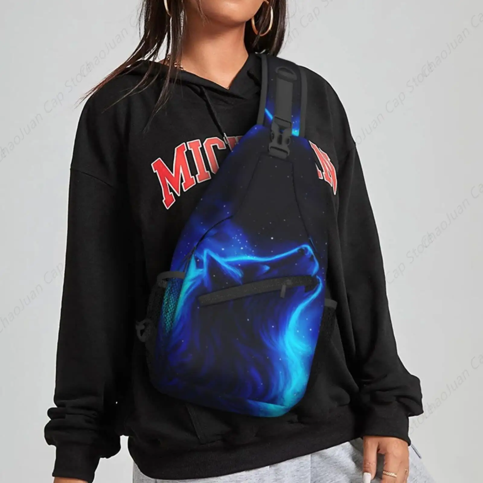 حقيبة Galaxy Wolf Sling للنساء حقيبة كتف كروس كاجوال حقيبة ظهر للرجال حقيبة صدر للصالة الرياضية وركوب الدراجات والسفر والمشي لمسافات طويلة