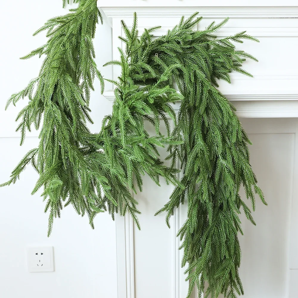 Artificial Christmas Garlands Real Touch Norfolk Pine Vine Faux Greenery Fake Garland for Holiday Fireplace Mantle Indoor Decor