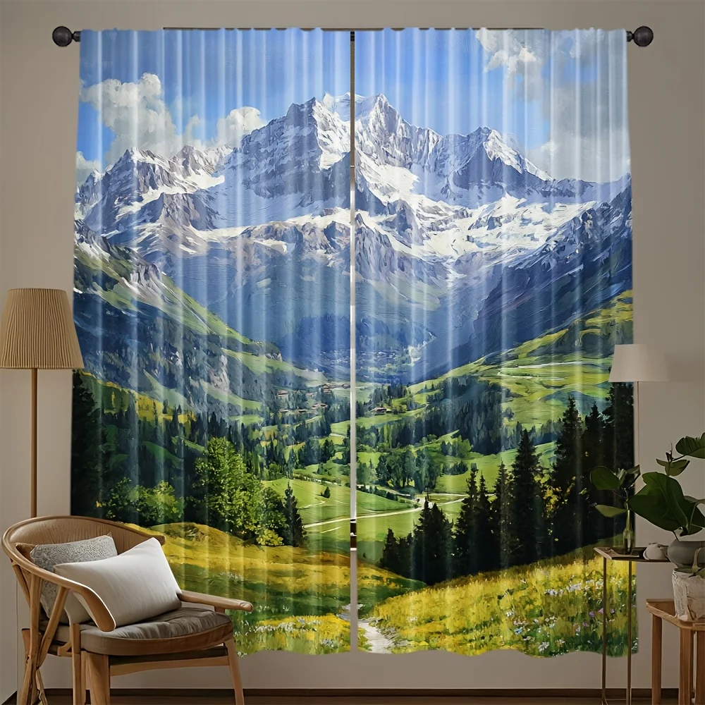 2PCS, Multicolor, Snow-Capped Mountain and Alpine Meadow Landscape Print Curtains, for Bedroom and Living Room