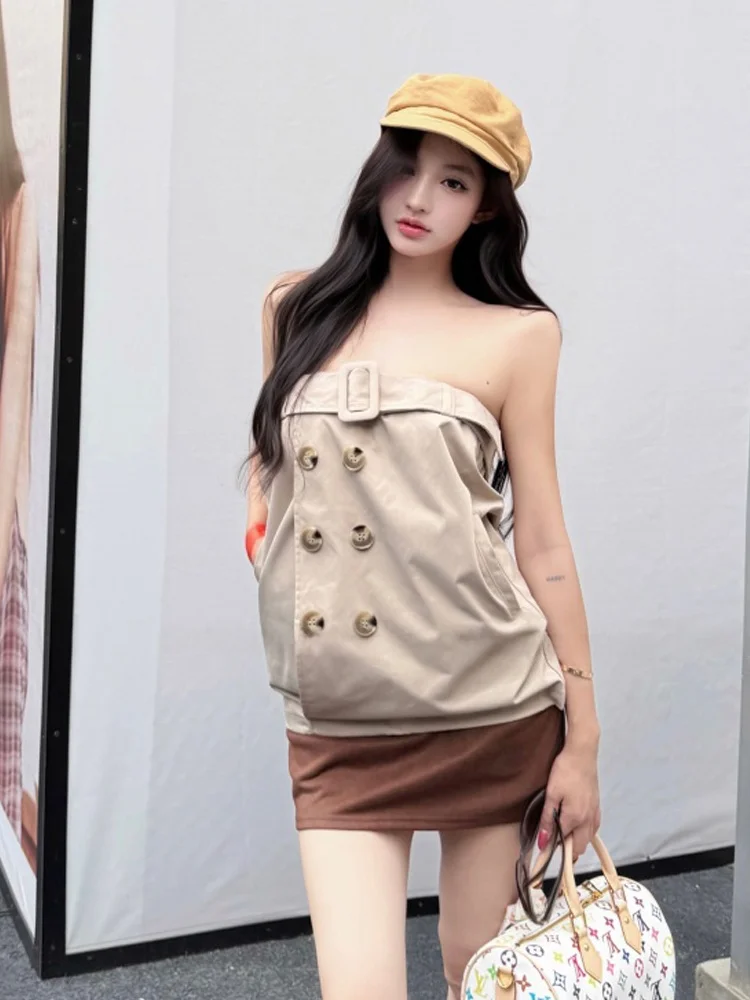Retro Spicy Girl Double Button Trendy Sleeveless Versatile Beautiful Back Tube Top And  Skirt Fashionable Two-Piece Set