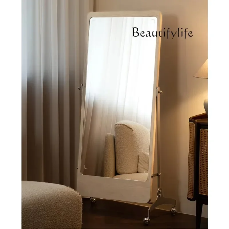 

Nordic home retro solid wood stainless steel full body mirror movable floor mirror home full-length mirror