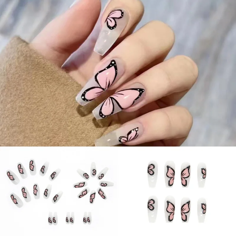 24p Long Ballerina Press on Nail Set Fresh Pure Desire Nail Art Fake Nails Wearing Reusable Fairy Vitality Butterfly False Nails