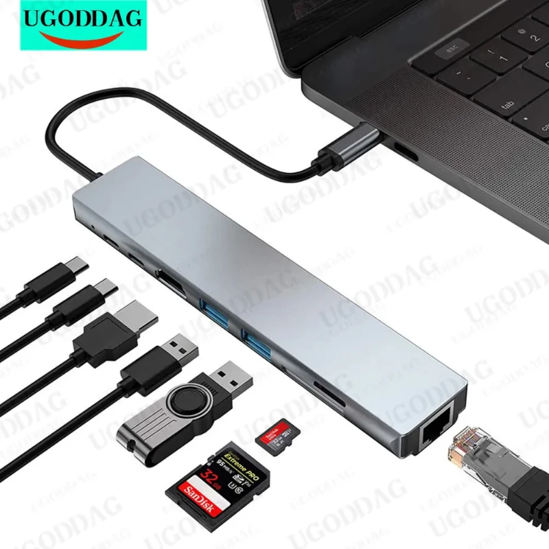 Adaptor kartu USB tipe-c Hub ke 4K, adaptor multifungsi pengisi daya Cepat PD kompatibel dengan RJ45 USB SD/TD untuk MacBook Pro HUAWEI