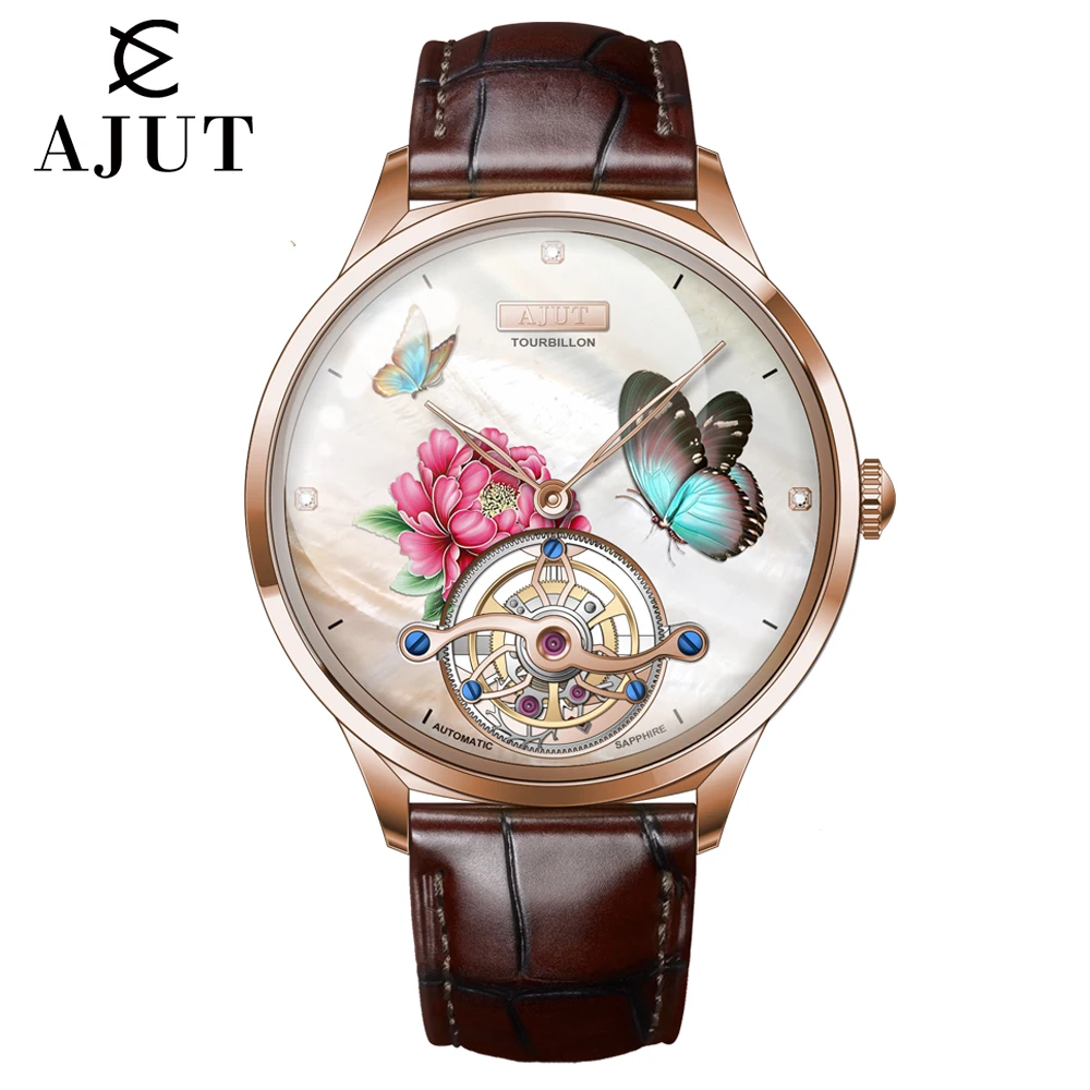 

AJUT Роскошные часы с турбийоном, женские часы с перламутровой росписью, сапфировые автоматические механические часы с турбийоном для мужчин 0356