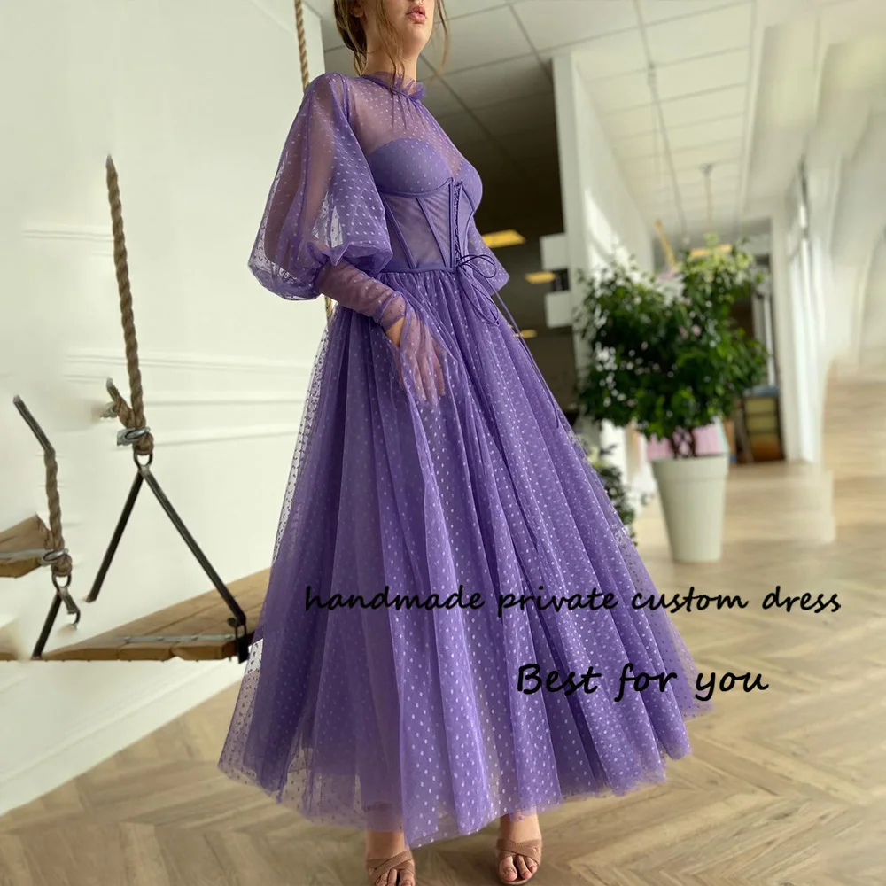 

Purple Dotted Tulle Fairy Homecoming Prom Dresses Long Sleeve High Neck Evening Party Dress A Line Tea Length Formal Gowns