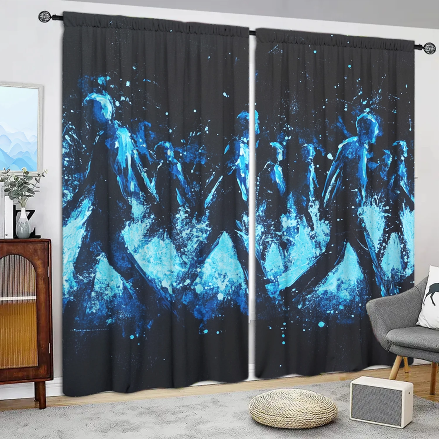 2pcs Blue Figure Watercolor Painting Printed Curtain for Home Decor - Rod Pocket Window Treatment for Bedroom, Office, Kitchen