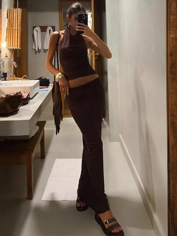 

Elegant 2 Pcs Set Halter Sexy Slim Tops Solid Long Skirts Vacation Trend Women's Evening Party Outfits 2025 Summer New Fashion