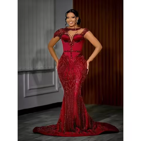 Red Mermaid Ball Dress Black Girl Luxury Crystal Beaded Evening Dress Birthday African Women's Robe De Soiree Aso Ebi Customized