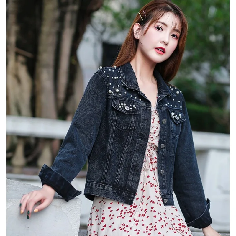 2024 Women\'s Short Denim Jacket Beaded Pearl Jacket Loose Spring and Autumn New Denim Jacket