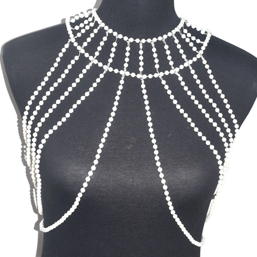 Imitation Pearl Chest Body Chain Halter Bra Tops Harness Jewelry for Women Sexy Bralette Festival Party Night Club Body Jewelry