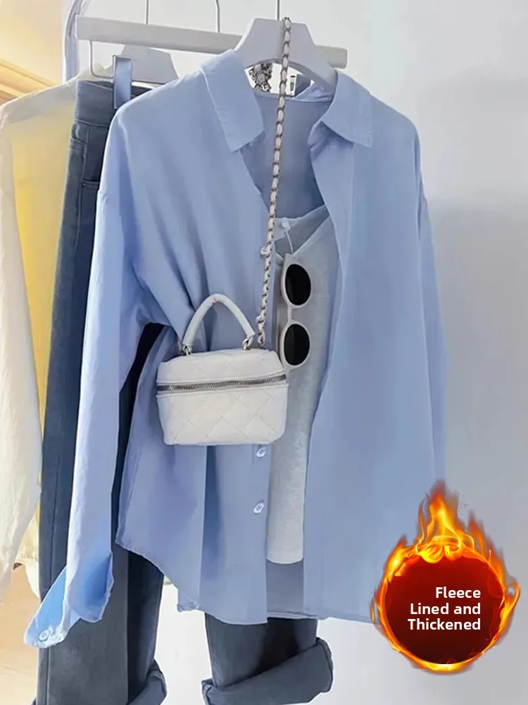 

Blue Fleece Lined Loose Women's Shirt Korean Style Commute Fashion Warm Long Sleeve Collar Regular Length Pure Color
