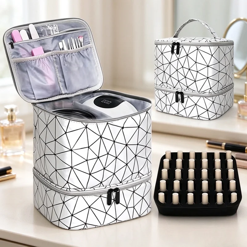 Portable Double Layer Nail Polish Storage Bag, 30 Bottles Capacity Travel Case for Nail Art Tools Cosmetics