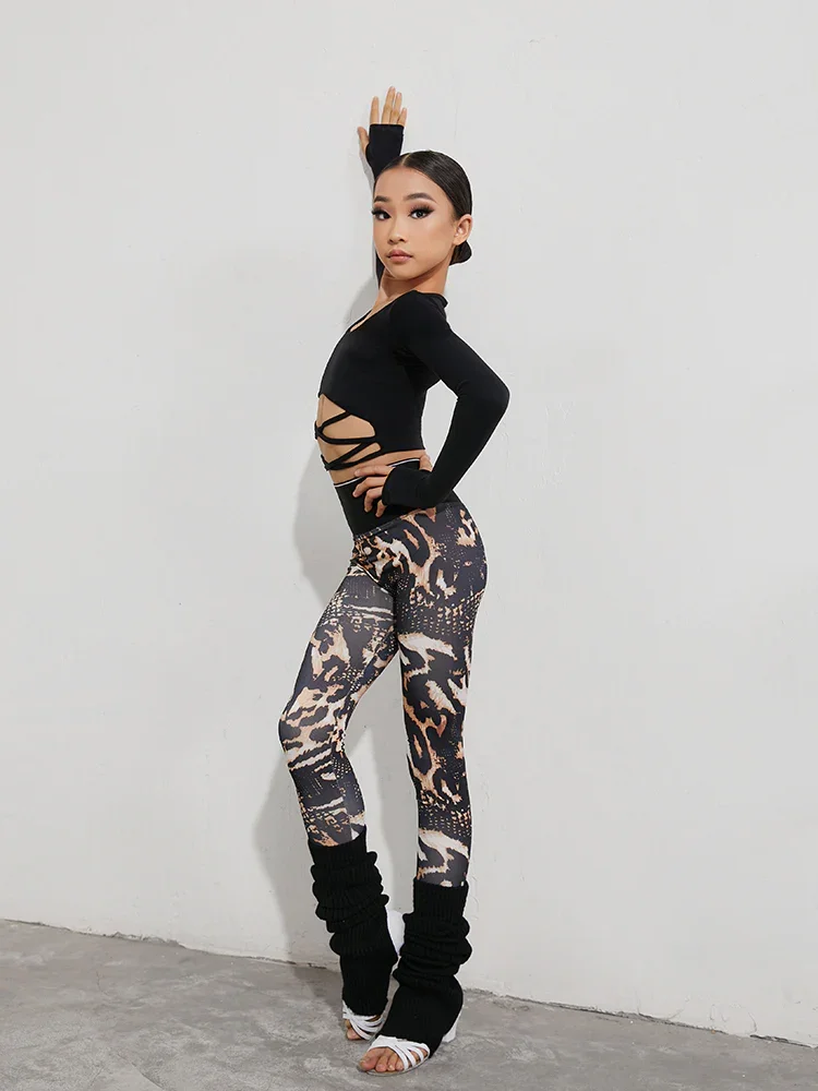 ZYM Girls Leggings da ballo latino stampa leopardata pantaloni neri comodi per bambini Rumba abbigliamento da allenamento Leggings per bambini bambini #20218