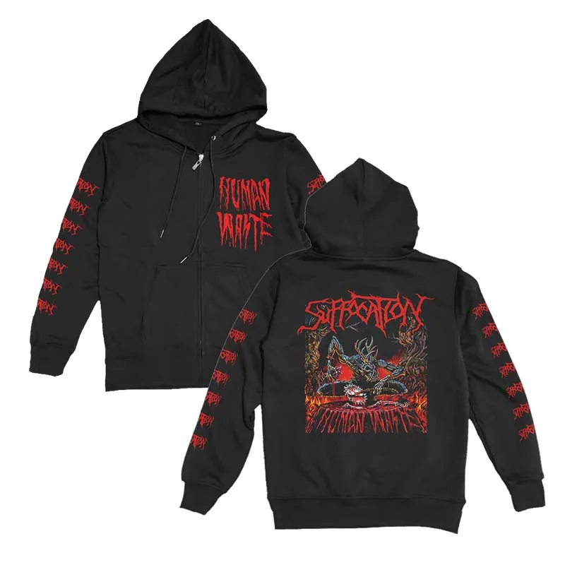 

Vintage Mens Hoodies Suffocation Human Waste Hoody Tops Heavy Metal Zipper Hoody Tops Hip Hop Streetwear Coats Oversized Clothes