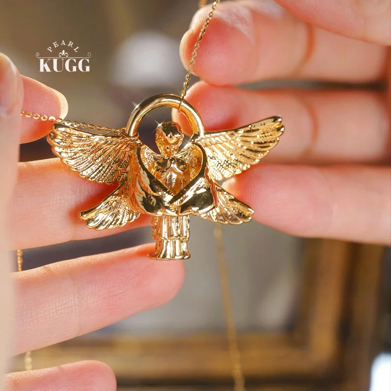 KUGG 100% 18K Yellow Gold Necklace Loving Angel Shape High Wedding Jewelry Fashion Metal Style Party Necklace for Women