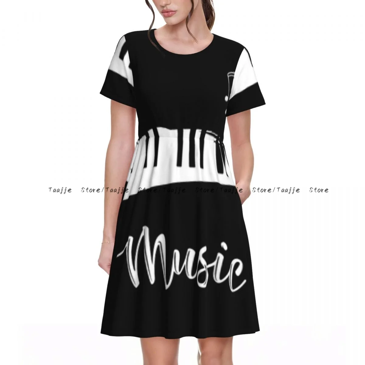 

Summer Women Dress Music Element Piano Keys Casual Beach Holiday Short Sleeve Round Collar Woman Midi Dress