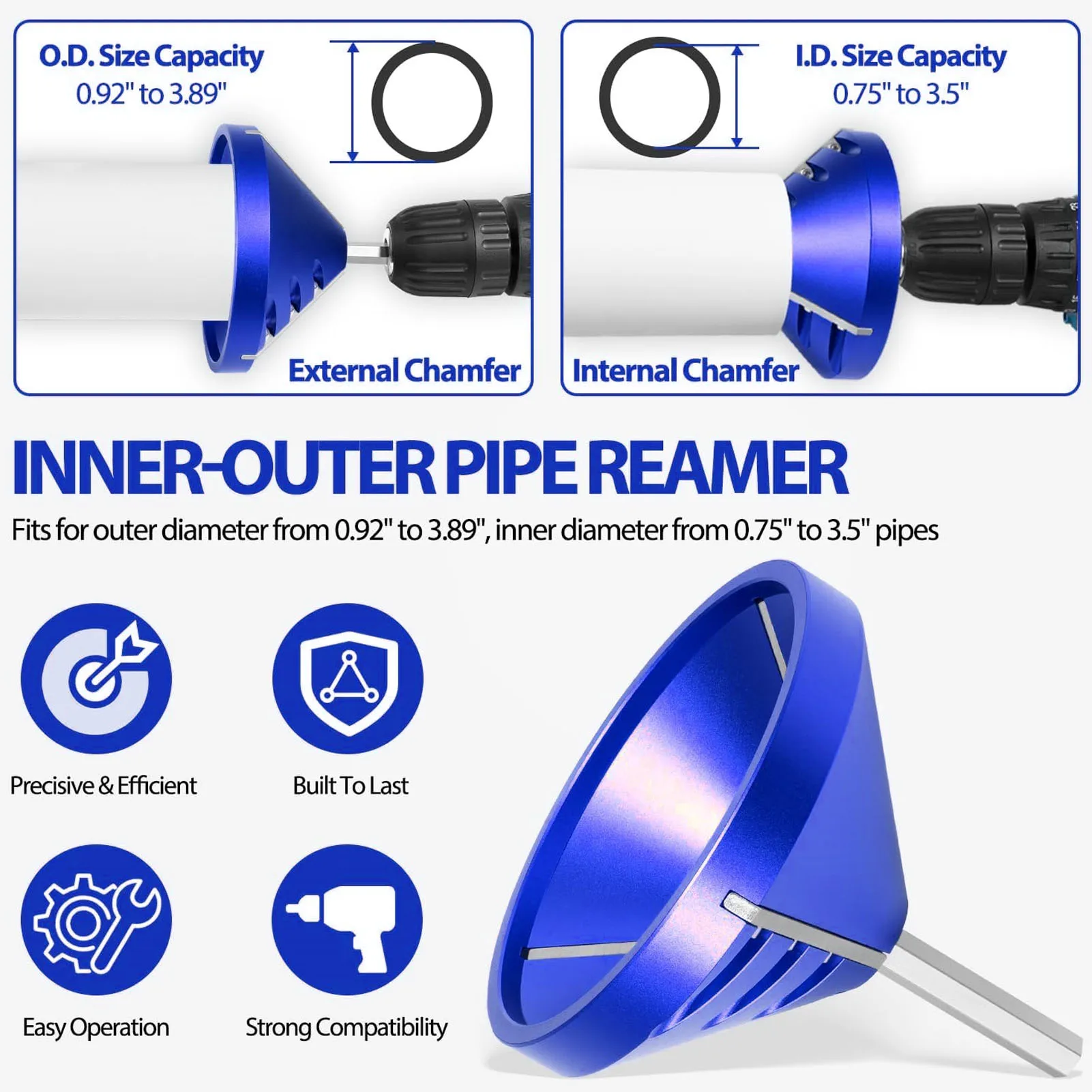 أداة الشطب البلاستيكية أداة إزالة الأزيز الداخلية الخارجية CPVC ABS PP PE الأنابيب الشطب مخرطة السباكة لـ OD 0.92in-3.89in ID 0.75in-3.5in