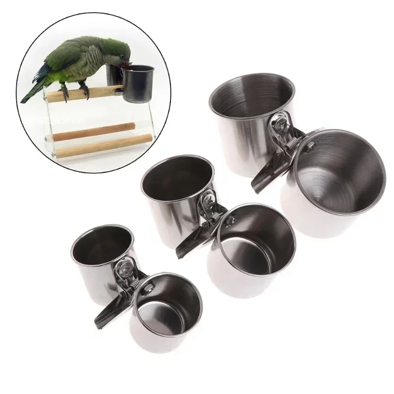 Taza alimentadora de aves con abrazadera, plato de alimentación de acero inoxidable, cuenco de comida y agua para loros, grises africanos,