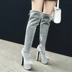 Winter Fashion Ladies Silver Thigh High Boots Bling Luxury Shoes Women Designers Platform High Heels Woman Long Boots Plus Size