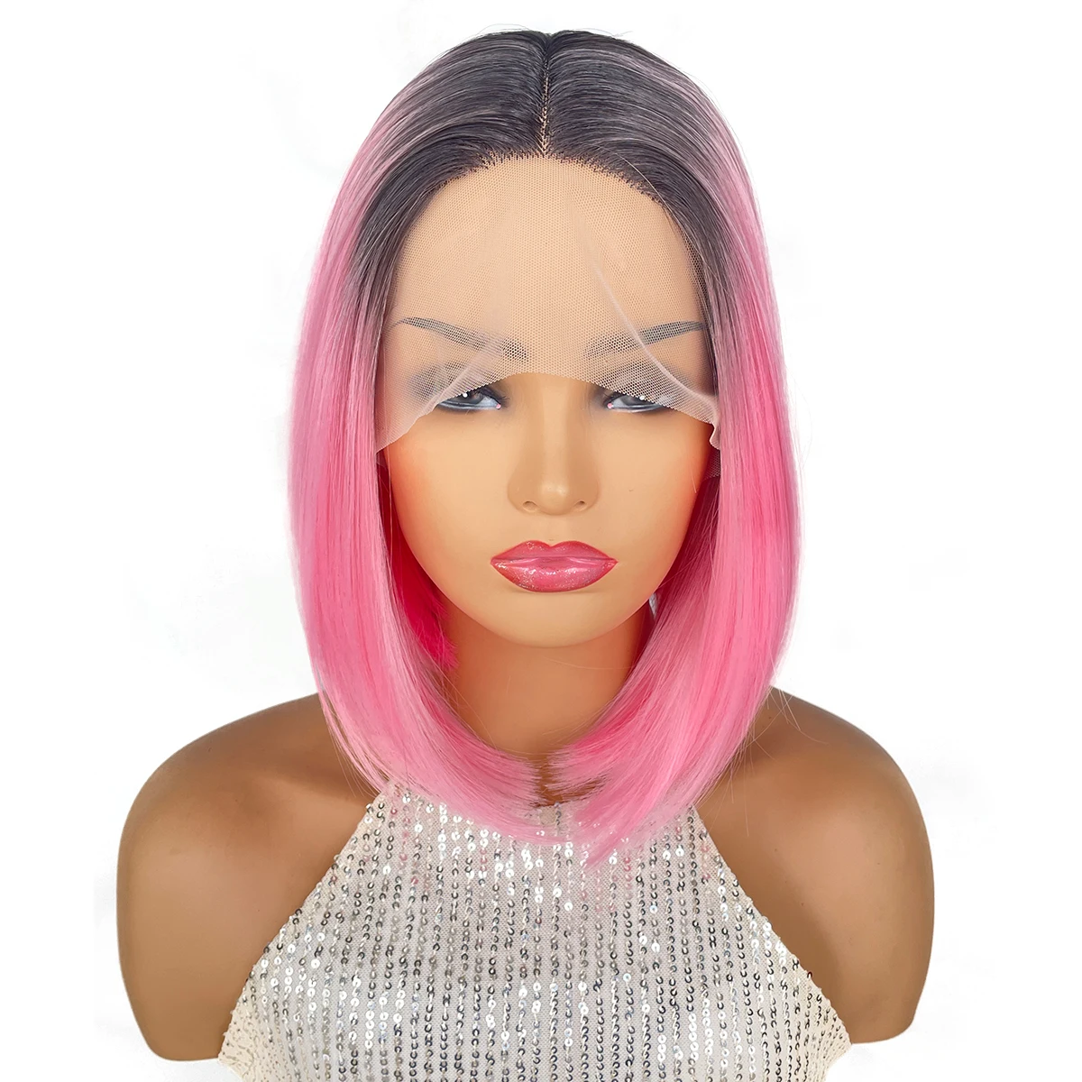 

BCHR Lace Front Wig Short Pink Straight Bob Wigs for Women Middle Part Lolita Cosplay Synthetic Wigs