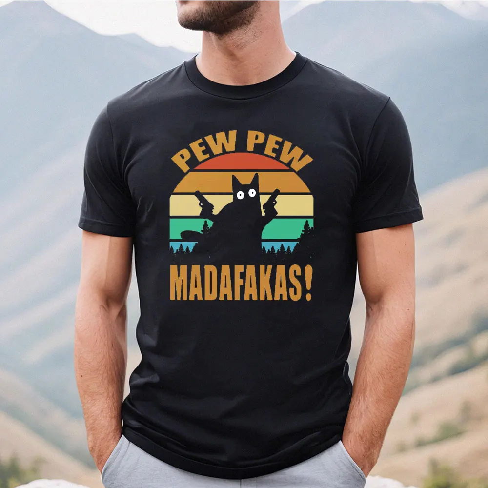 Funny T Shirt Pew Pew Madafakas Humor Cat with Two Guns Printing Men Women Cotton T Shirts Summer Clothes Hip Hop Street Tees