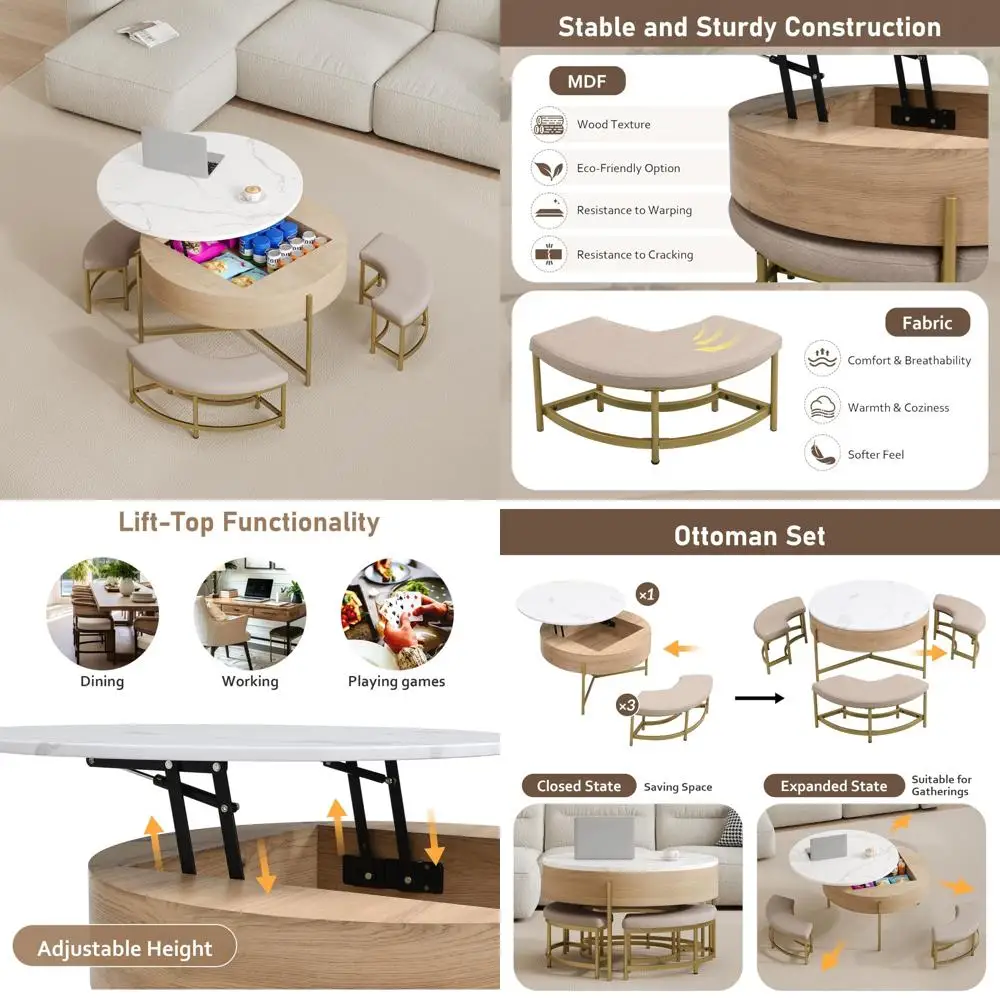 Merax Modern Round Lift-Top Coffee Table with Hidden Storage & 3 Ottoman, White + Natural