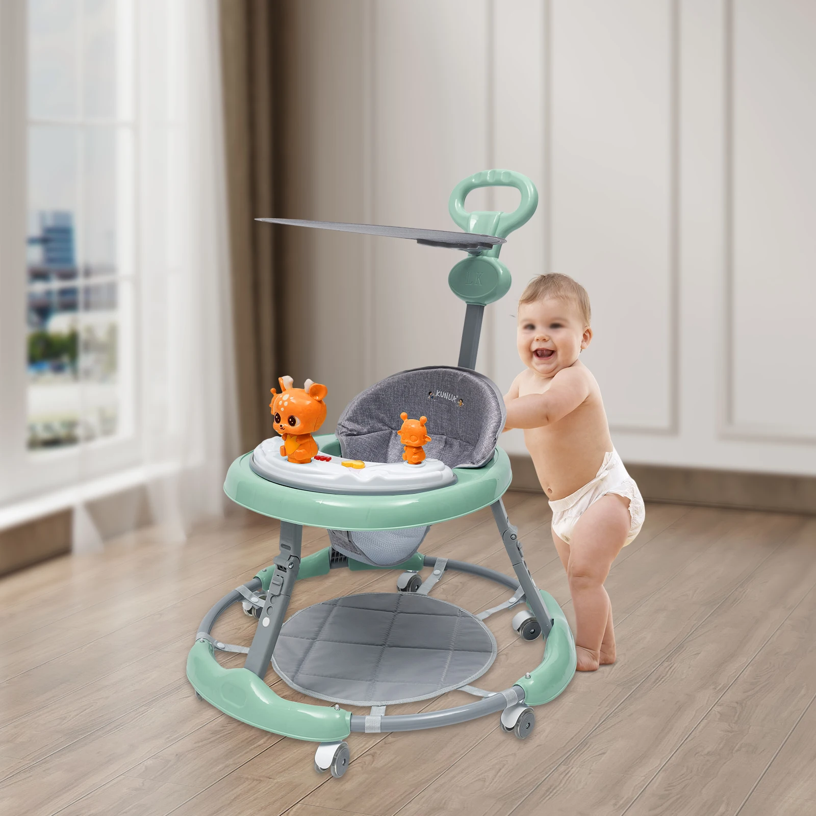 Chodzik dla niemowląt Składany chodzik dla niemowląt o regulowanej wysokości z cichym kołem z PVC Taca do zabawy i tacą dla dzieci w wieku 6-18