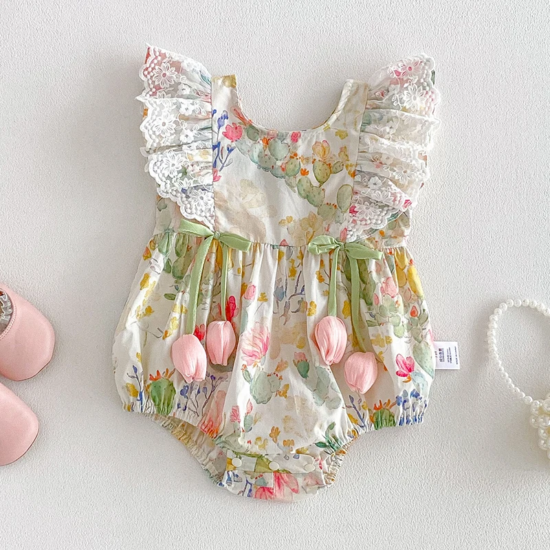 2026 New Summer 0-24M Children Clothes Infant Baby Girls Bodysuits Flying Sleeve Cotton Print Toddler Baby Girls Jumpsuit