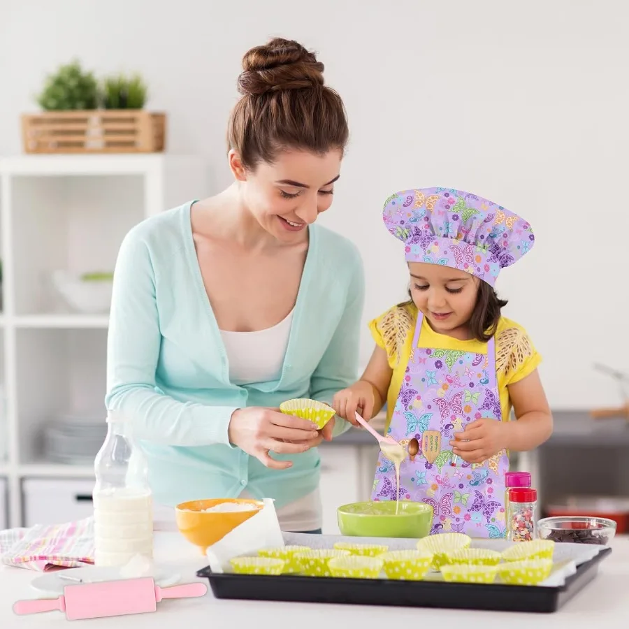 مجموعة قبعة الشيف ومريلة مع جيبين كبيرتين للفتيات والأولاد، مآزر أزياء الشيف القابلة للتعديل للخبز Cng