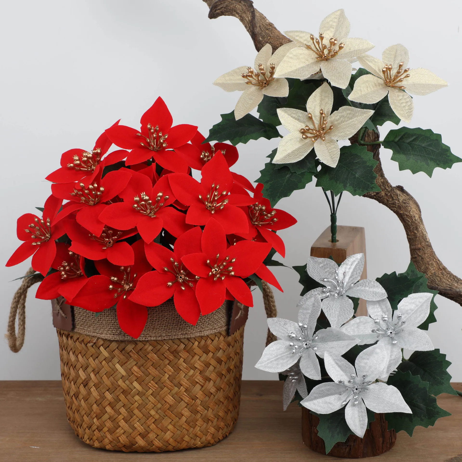 28cm Artificial Poinsettia Bushes Faux 5 Heads White Red Silk Artificial Christmas Flower Bouquet for Home Wedding Party Decor