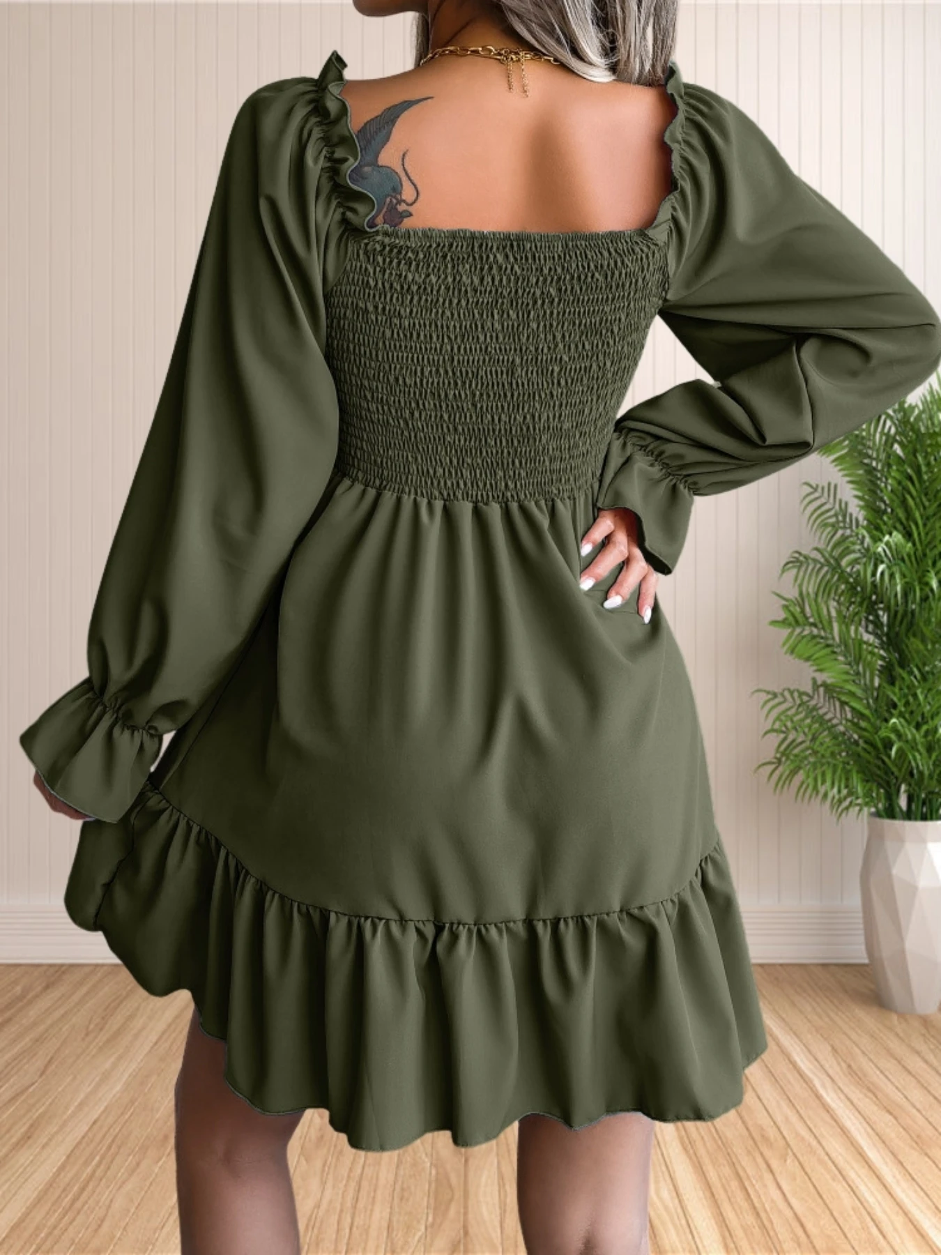 Womens Puff Sleeve Smocked Dresses Square Neck A Line Swing Flowy Ruffle Hem Babydoll Mini Dress