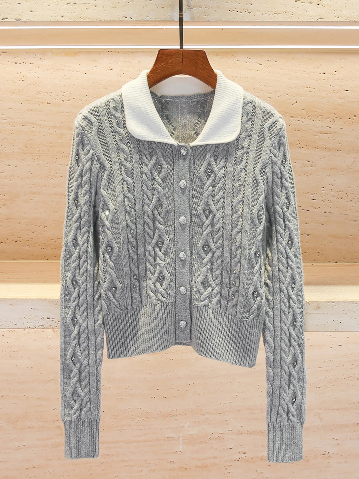 

South Oil High-End Women's Spring 2026 Little Fraance Sle Doll Collar Diamond Knitted Open Cardigan Top Casual Sle Regu...