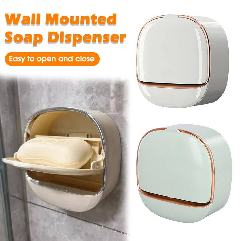 Soap dish with drainage tray, wall-mounted shower holder, keeps bars dry, flip-top waterproof soap holder requiring no drilling