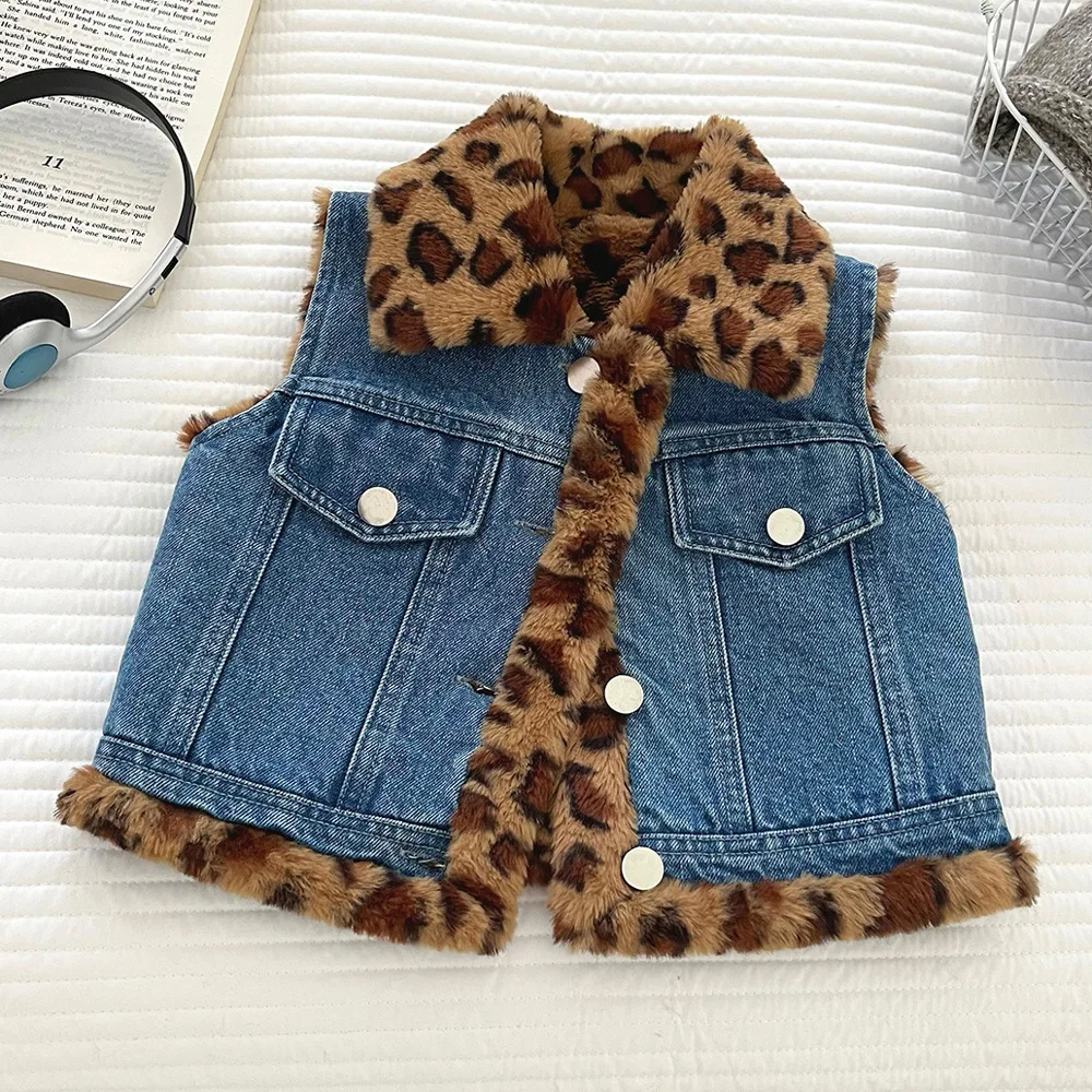 

Детский джинсовый жилет для девочек, зимний леопардовый отложной цвет, детские куртки для маленьких девочек, верхняя одежда без рукавов для маленьких девочек, пальто