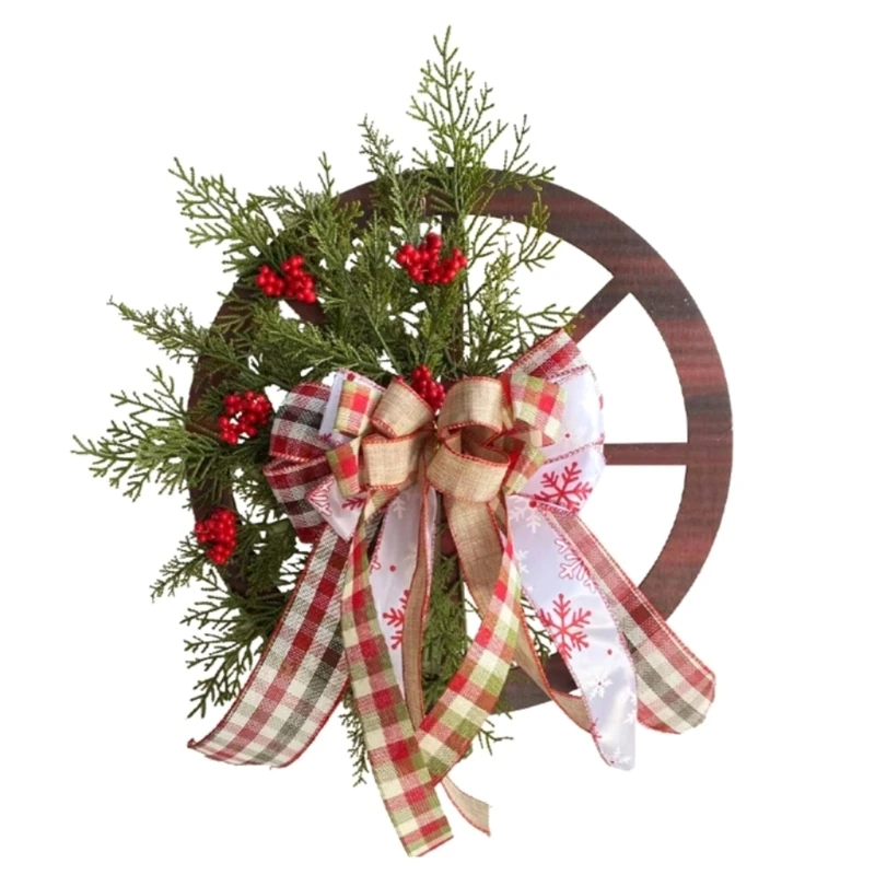 

Christmas Wooden Wagon Wheel Wreath Simulation Hangable Ornament Supplies for Winter Themed Party Bar Door Decor