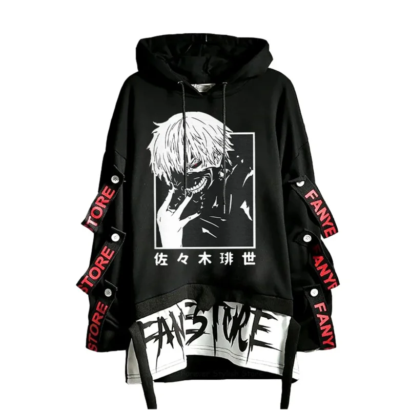 Ribbons letter print hoodies anime tokyo ghoul sweatshirts long sleeve patchwork sweatshirt oversized pullover harajuku pullover