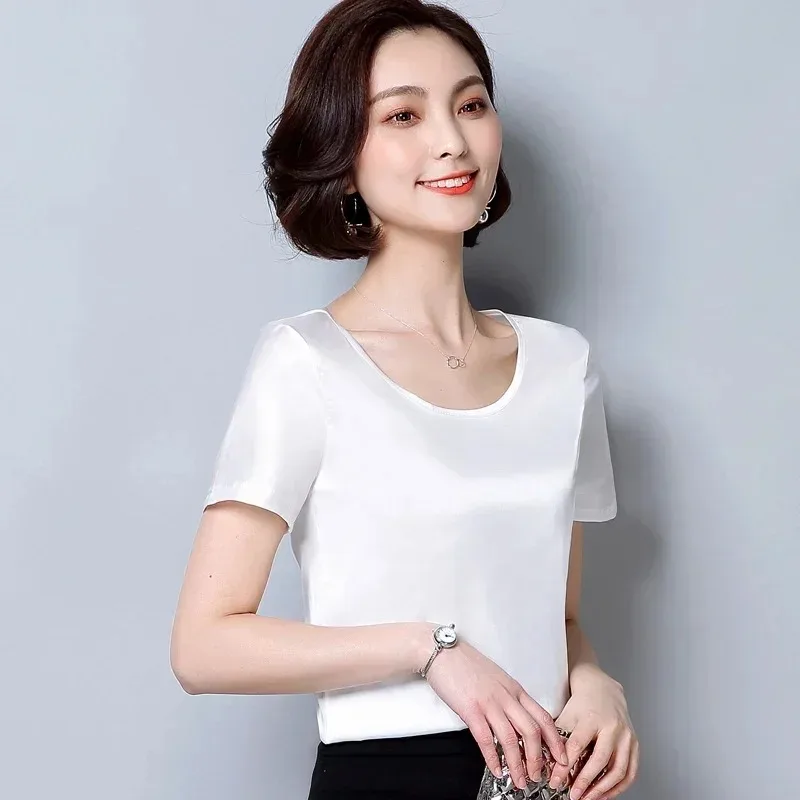 Womens Tops and Blouses 2024 Casual Silk O-neck Office Lady Clothes Summer Satin Short Sleeve Solid Color Shirt Blusas 2126 50